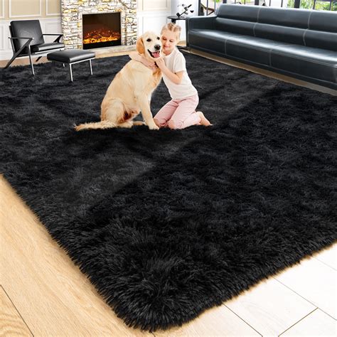 black fluffy rug for bedroom|black soft fluffy large rug.